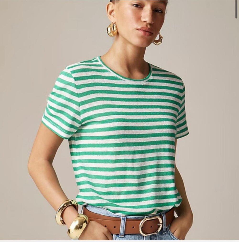 J. Crew Pullover Top Women’s Size XS 100% Linen Boxy Green Stripe Coastal Preppy